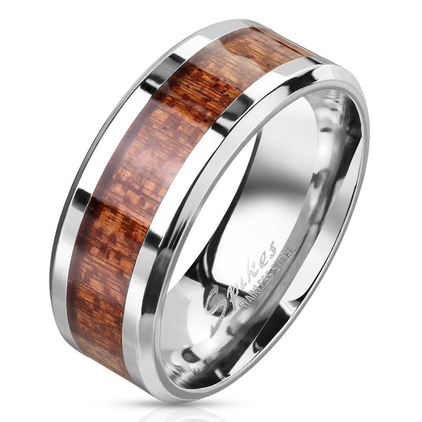 Opulent Mirror Polished Stainless Steel 8mm Band Ring with Rich Wood Inlay Center and Beveled Edges.