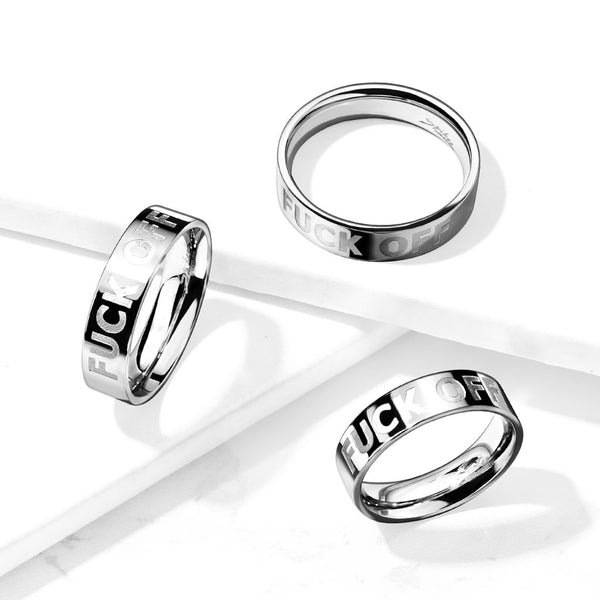 Novel Mirror Polished Stainless Steel Band Ring with Embossed "F*CK OFF"