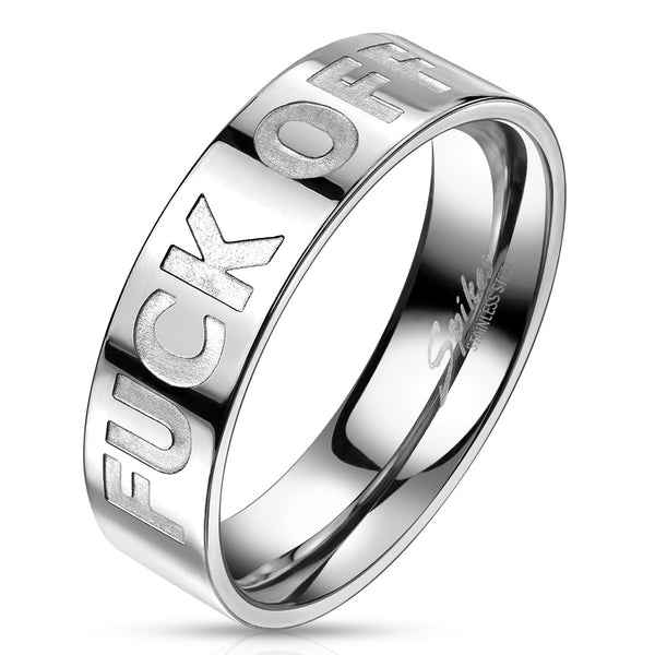 Novel Mirror Polished Stainless Steel Band Ring with Embossed "F*CK OFF"