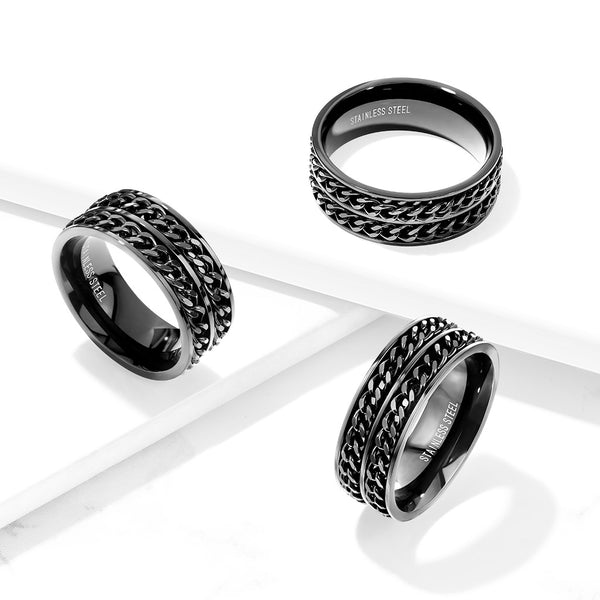 Awesome Black Stainless Steel Ring with Dual Black Cuban Link Spinning Bands.