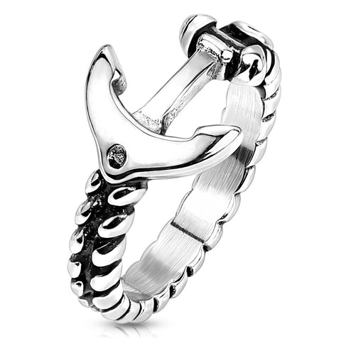 Timeless Combination Finish Stainless Steel Anchor Hanging Off a Rope Ring
