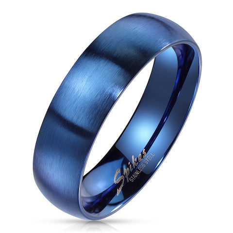 Simple Uncomplicated Low Dome Brushed Finish Royal Cobalt Blue Ion Plated Stainless Steel Ring. Couple Ring.