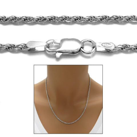 Sterling Silver Rhodium Finish Rope Chain Necklace 2.0mm (Gauge 040). Available in 6 Lengths.