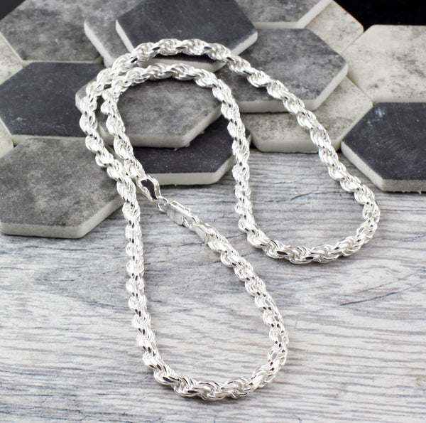 Sterling Silver Diamond Cut Rope Chain Necklace / Bracelet 5.5mm (Gauge 120). Available in 10 Lengths.