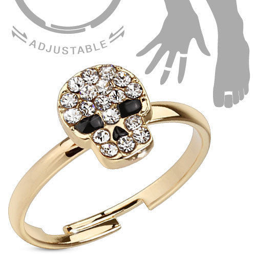 Adjustable 14K Gold Over Skull Mid-Ring/Toe Ring with CZs | Wholesale 316L Stainless Steel Jewelry