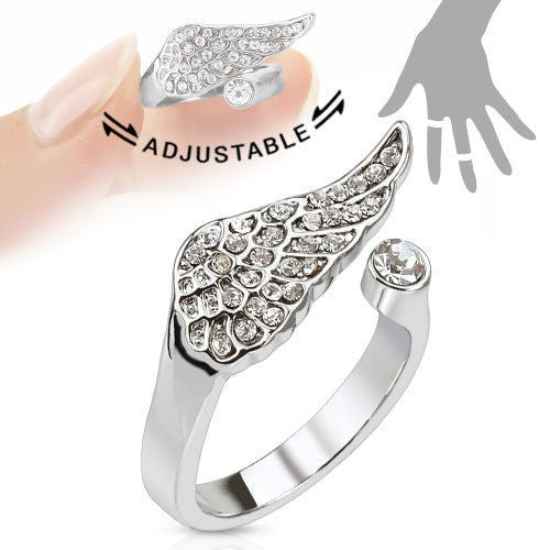 Adjustable Rhodium Plated Brass Angel Wing Mid-Ring/Toe-Ring with CZs | Wholesale Sterling Silver Jewelry |