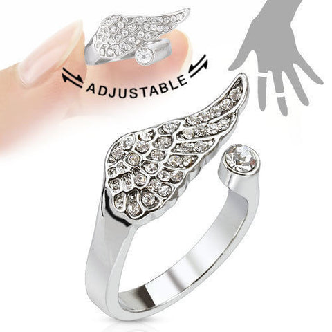 Adjustable Rhodium Plated Brass Angel Wing Mid-Ring/Toe-Ring with CZs | Wholesale Sterling Silver Jewelry |