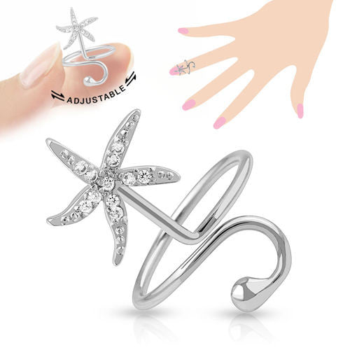 Adjustable Rhodium Plated Brass Starfish Nail-Ring with CZs | Wholesale 316L Stainless Steel Jewelry | Main