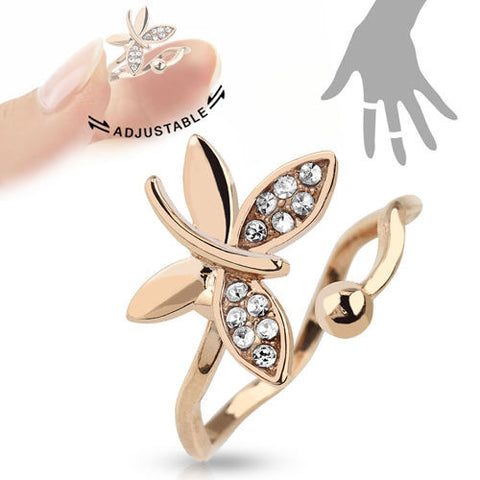 Adjustable Rose Gold Plated Brass Multi-Paved Butterfly Mid-Ring | Wholesale Sterling Silver Jewelry | 