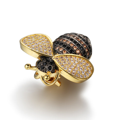 black, yellow, clear, CZ encrusted 14K gold plated bumblebee brooch pin | Wholesale fashion jewelry | White photo