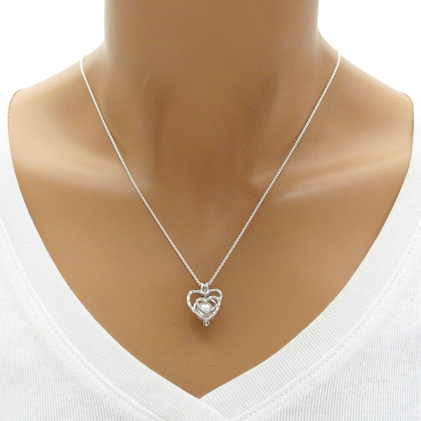 Adorable 925 Sterling Silver Heart in Heart Modern Art Pearl Cage Pendant.