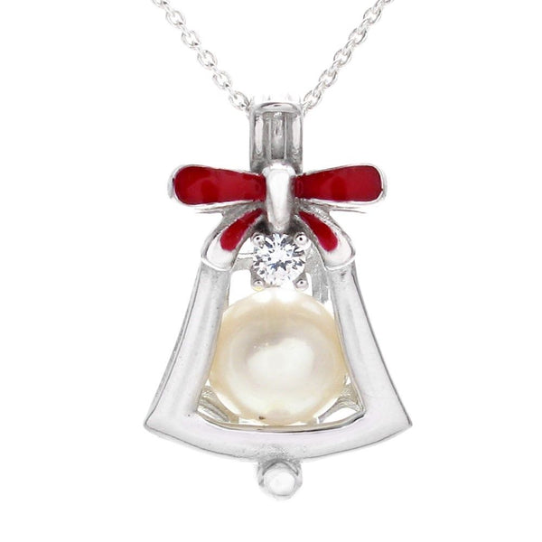 Adorable Sterling Silver Bell with Red Bow & CZ Accent Pearl Cage Pendant.