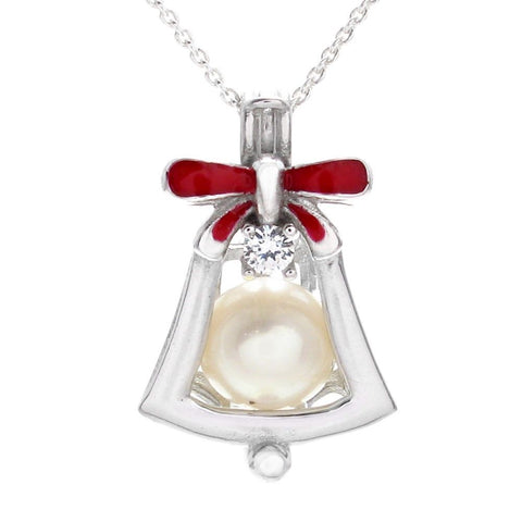 Adorable Sterling Silver Bell with Red Bow & CZ Accent Pearl Cage Pendant.