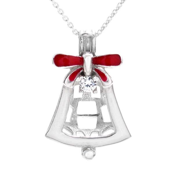 Adorable Sterling Silver Bell with Red Bow & CZ Accent Pearl Cage Pendant.