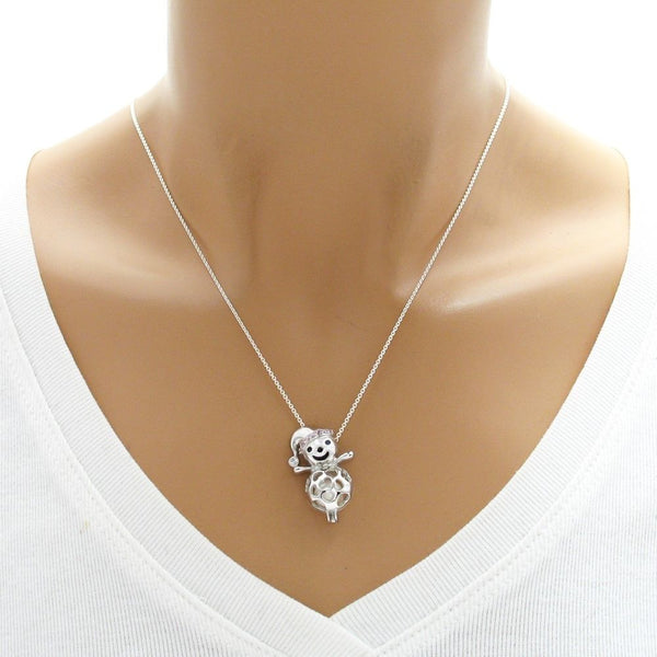 Marvelous Sterling Silver Snowman with CZ Accented Hat Pearl Cage Pendant.