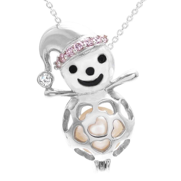 Marvelous Sterling Silver Snowman with CZ Accented Hat Pearl Cage Pendant.