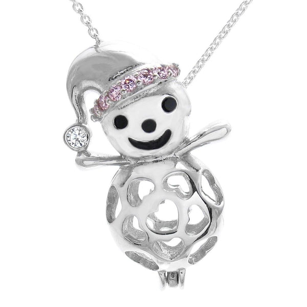 Marvelous Sterling Silver Snowman with CZ Accented Hat Pearl Cage Pendant.