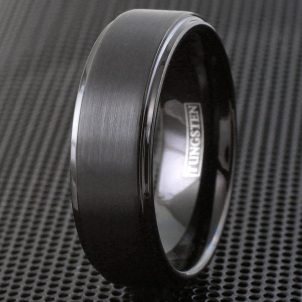 Black Tungsten Ring | Raised Center Band | Stepped Edge | Wholesale Tungsten Rings & Wedding Bands | Black  Photo