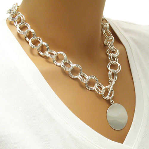 Double rolo necklace with engravable circle pendant & toggle lock | Wholesale Fashion Jewelry | Alternate photo