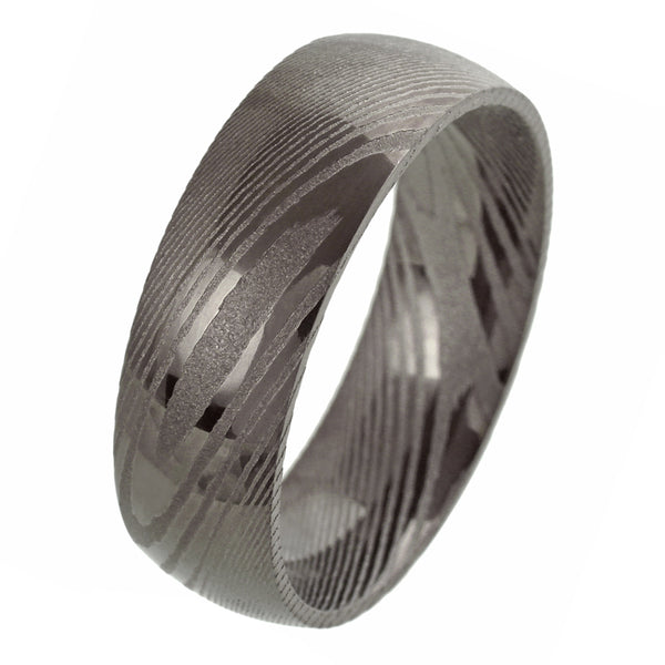 8mm Dome Style Black Damascus steel ring | wholesale Damascus Steel wedding bands & Rings | Tilted White photo