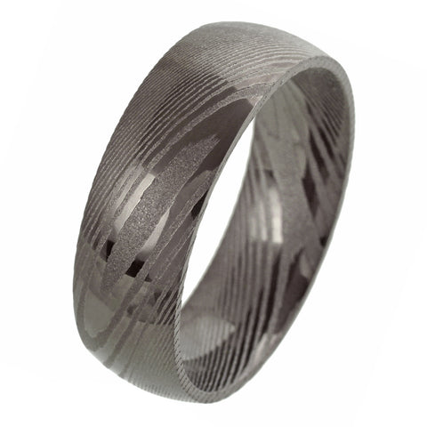 8mm Dome Style Black Damascus steel ring | wholesale Damascus Steel wedding bands & Rings | Tilted White photo