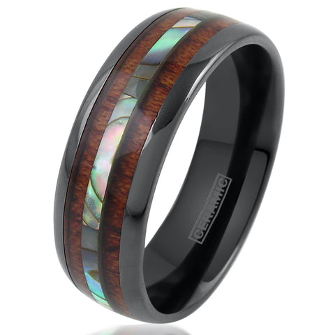 Black ceramic dome ring w/ abalone & Koa wood inlays | Wholesale tungsten rings - wedding bands | White photo