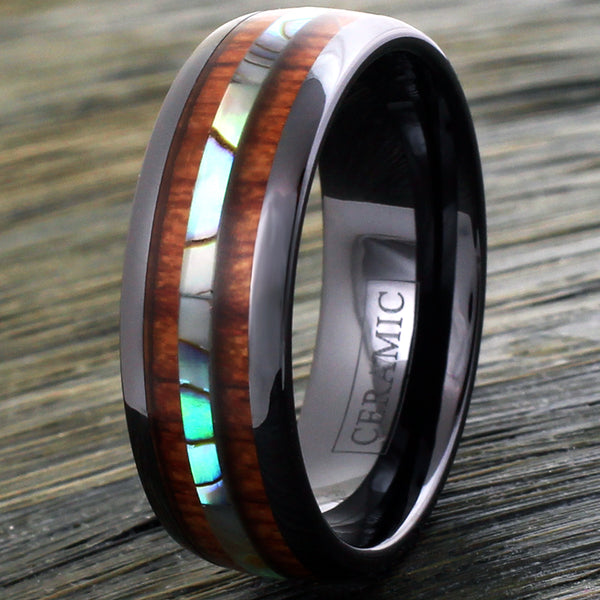 Black ceramic dome ring w/ abalone & Koa wood inlays | Wholesale tungsten rings - wedding bands | Dark wood photo