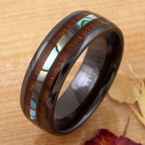 Black ceramic dome ring w/ abalone & Koa wood inlays | Wholesale tungsten rings - wedding bands | Light wood photo