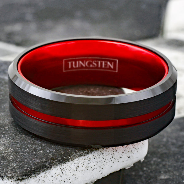 Awesome Black Tungsten Ring with Anodized Aluminum Fire Engine Red Inner Band and Recessed Stripe, with Beveled Edges.