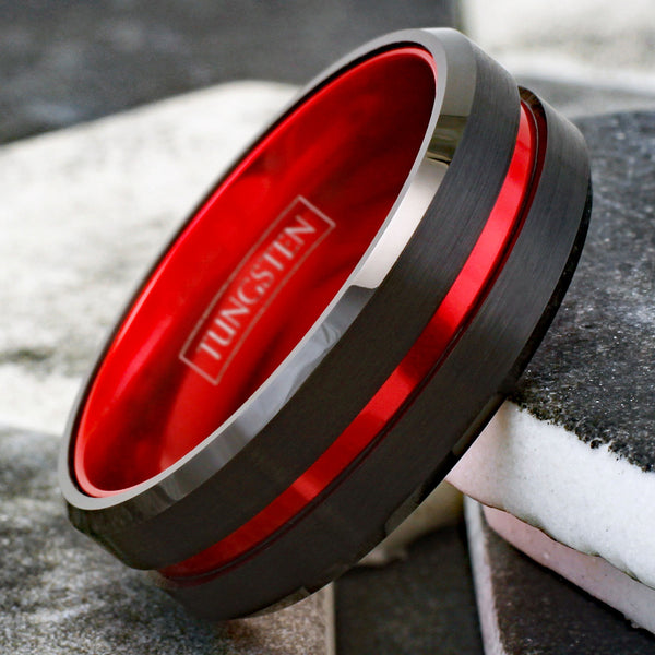Awesome Black Tungsten Ring with Anodized Aluminum Fire Engine Red Inner Band and Recessed Stripe, with Beveled Edges.
