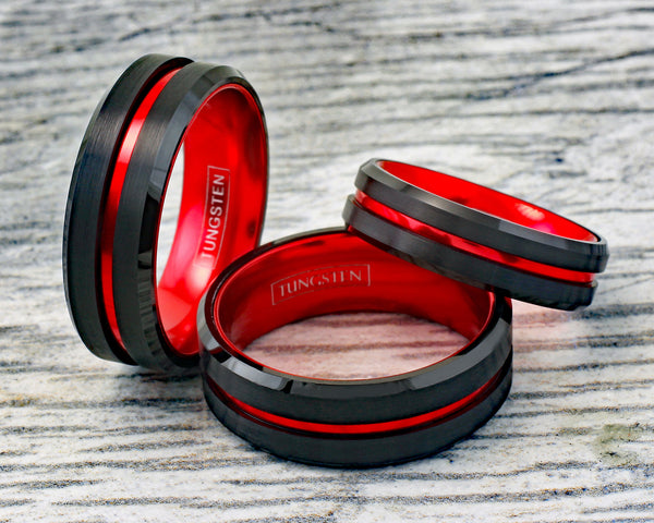 Awesome Black Tungsten Ring with Anodized Aluminum Fire Engine Red Inner Band and Recessed Stripe, with Beveled Edges.
