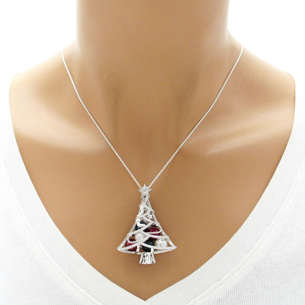 Beautiful and Charming 925 Sterling Silver Christmas Tree with CZ Accented Tinsel Pearl Cage Pendant.