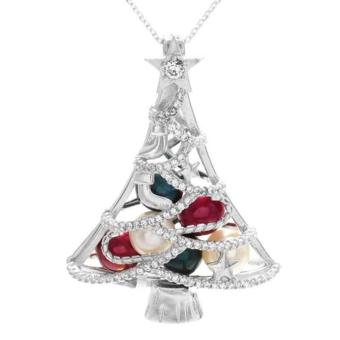 Beautiful and Charming 925 Sterling Silver Christmas Tree with CZ Accented Tinsel Pearl Cage Pendant.