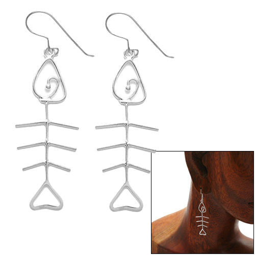 Chic & Stylish Art Deco Inspired Sterling Silver Wire Fishbone Dangling Hook Earrings.
