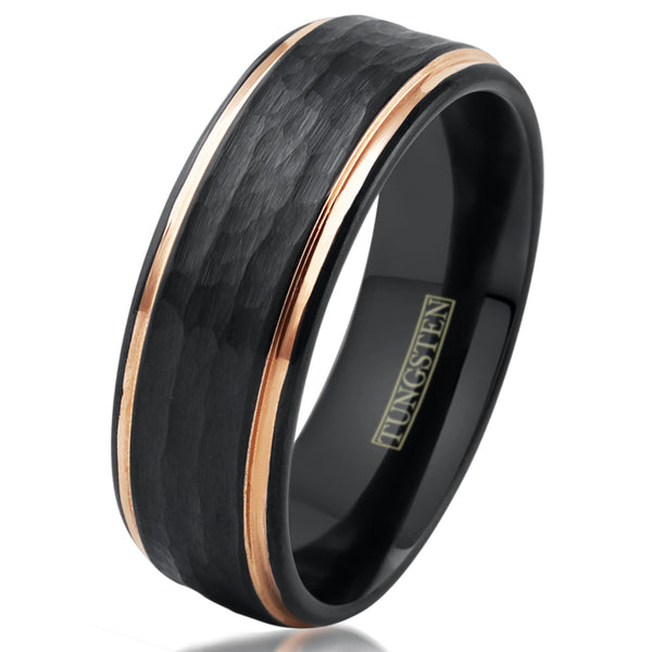 Hammered brushed finish black tungsten carbide band ring w/ rose gold stepped edges | White tilted photo