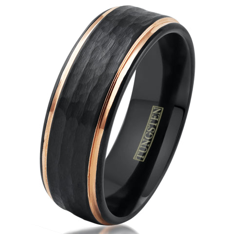 Hammered brushed finish black tungsten carbide band ring w/ rose gold stepped edges | White tilted photo