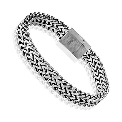 Classic Stainless Steel 8.5" Balinese Wheat Chain Bracelet with Magnetic Lock.