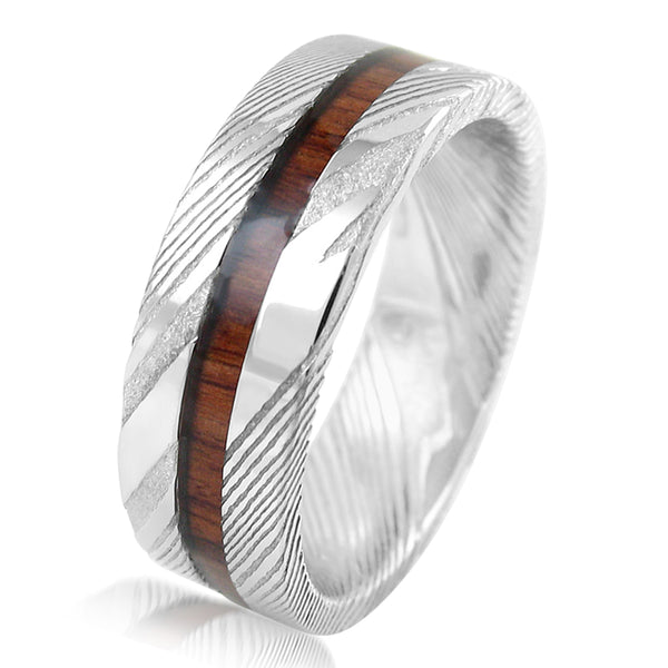 8mm Damascus steel ring w/ sandalwood inlay | wholesale Damascus Steel wedding bands & Rings | White photo