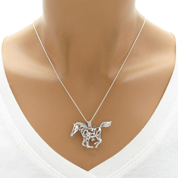 Beautiful 925 Sterling Silver Galloping Mustang Horse Pearl Cage Pendant - mannequin photo
