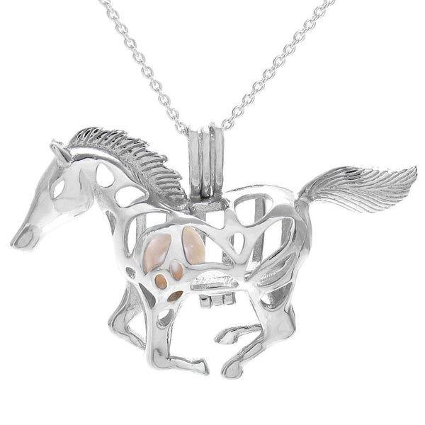 Beautiful 925 Sterling Silver Galloping Mustang Horse Pearl Cage Pendant - w/ Pearl Photo