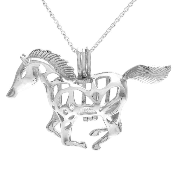 Beautiful 925 Sterling Silver Galloping Mustang Horse Pearl Cage Pendant - w/o Pearl photo