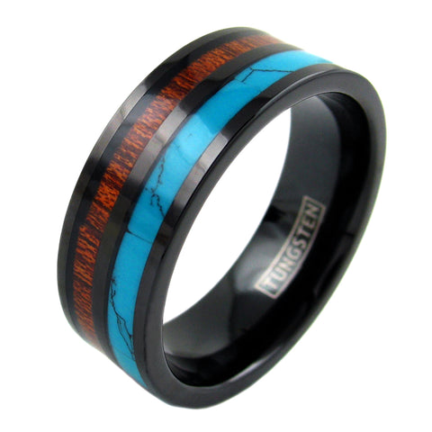 Flat black tungsten ring w/ turquoise and Koa wood inlays | Wholesale tungsten rings - wedding bands | Diagonal photo