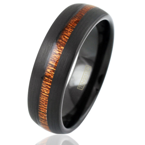 Black low dome tungsten carbide band ring w/ center Koa wood inlay | Wholesale tungsten rings - wedding bands | Diagonal photo