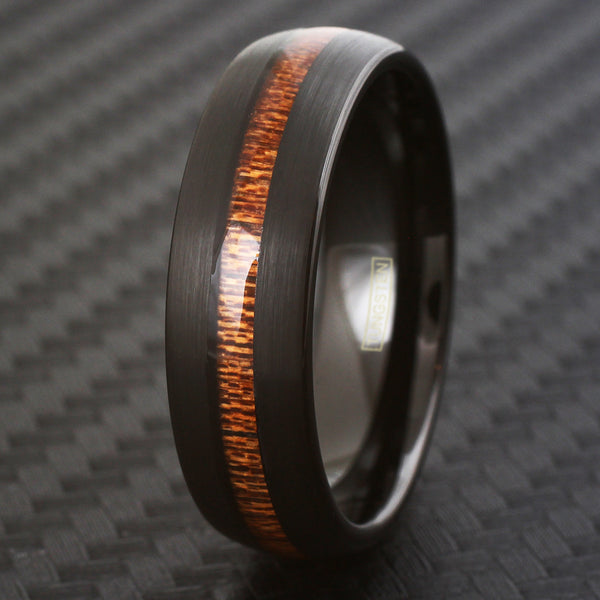 Black low dome tungsten carbide band ring w/ center Koa wood inlay | Wholesale tungsten rings - wedding bands | Black photo
