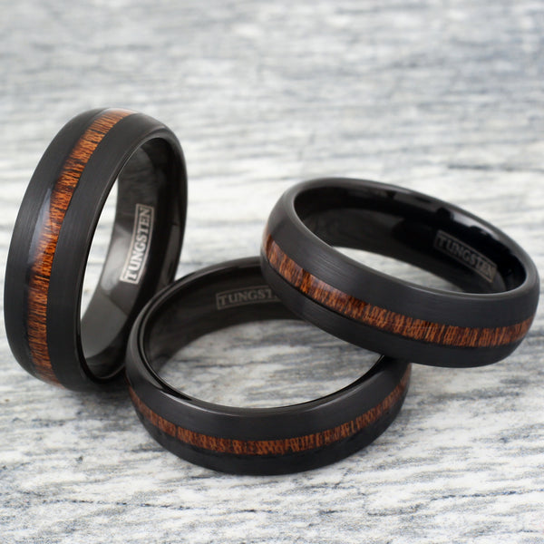 Black low dome tungsten carbide band ring w/ center Koa wood inlay | Wholesale tungsten rings - wedding bands | Group photo