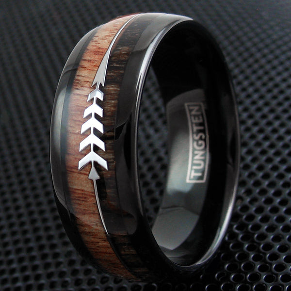 Black tungsten dome ring w/ Koa wood inlay & feathered arrow | Wholesale tungsten rings - wedding bands | Black photo