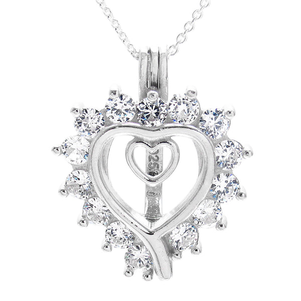 Sterling Silver Heart in Heart Pearl Cage w/ CZs | Wholesale 925 Sterling Silver Jewelry | Pendant photo
