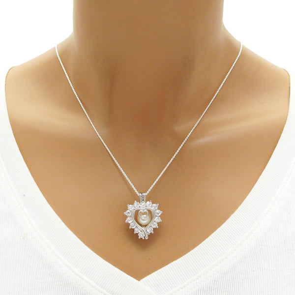 Sterling Silver Heart in Heart Pearl Cage w/ CZs | Wholesale 925 Sterling Silver Jewelry | Mannequin photo