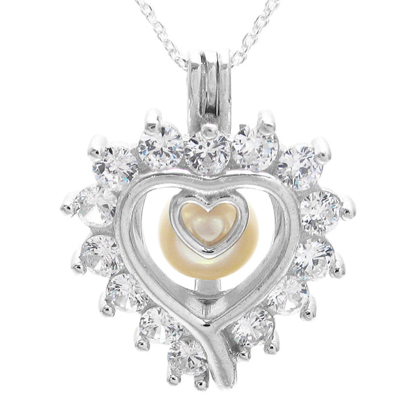 Sterling Silver Heart in Heart Pearl Cage w/ CZs | Wholesale 925 Sterling Silver Jewelry | Pearl photo