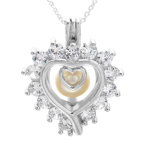 Sterling Silver Heart in Heart Pearl Cage w/ CZs | Wholesale 925 Sterling Silver Jewelry | Pearl photo